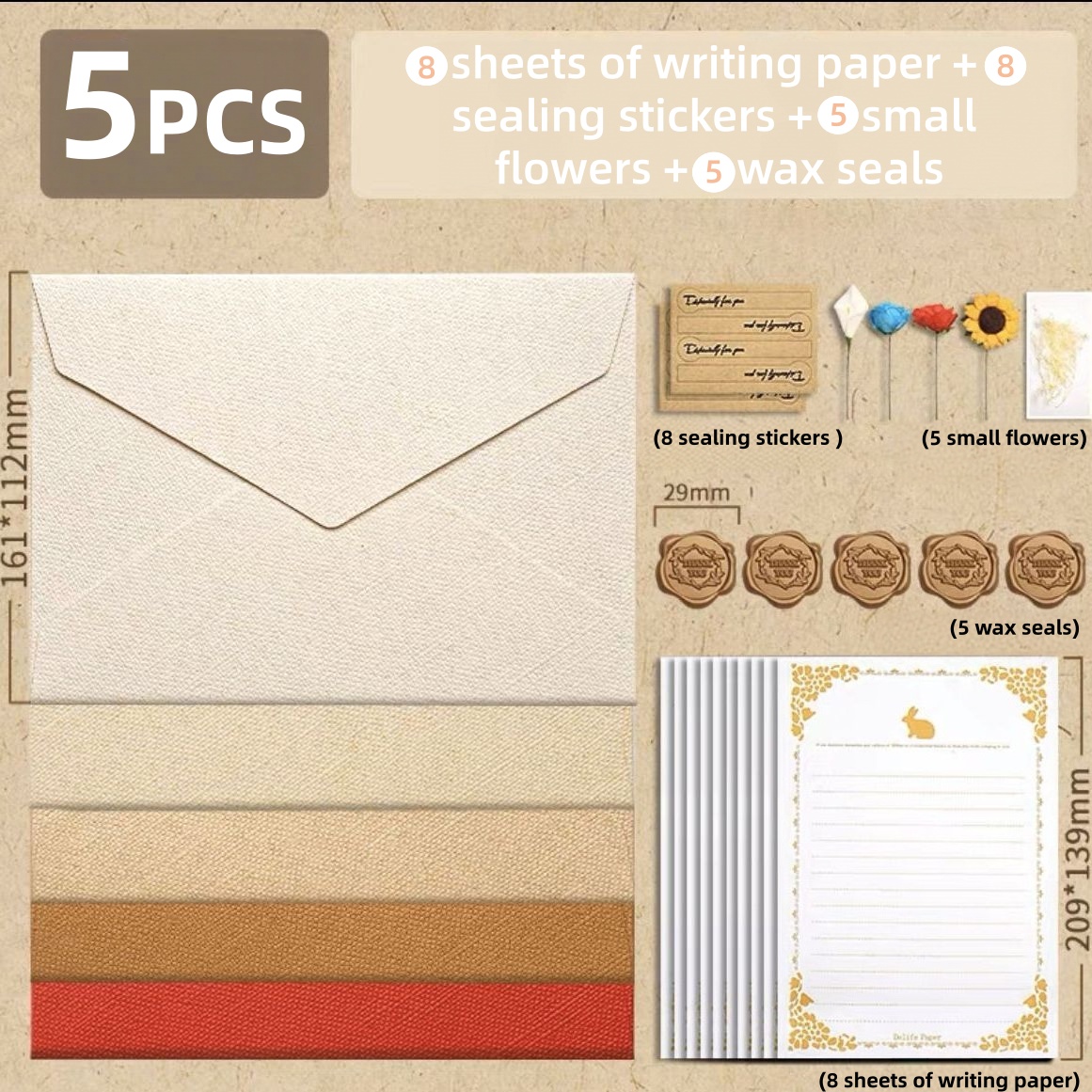 Letter Envelope Kraft - リネン調封筒レターセット ヴィンテージ中国風クラフト紙 ワックスシール ウェディング ベビーシャワー 卒業