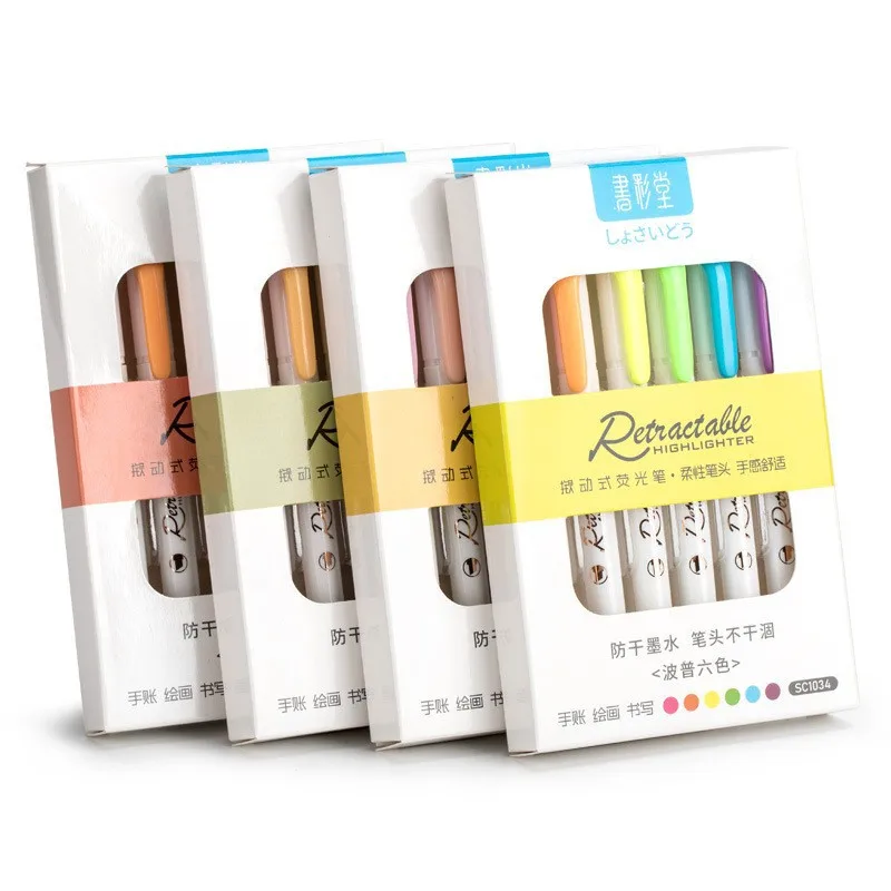 Highlighter Set Pastel - モランディ格納式蛍光ペン、蛍光ペン、製図用マンダムマーカー、doodling、着色、カワイイステーショナリー、セットあたり6色