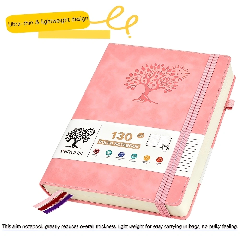 Journal Leather Hardcover - A4罫線入りハードカバーダイアリーノート、フェイクPUレザーカバー、130ページ厚紙ジャーナル、ゴムバンドとブックマークリボン付き、オフィス、学校、ビジネス、男性、女性向けの筆記用ノート